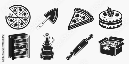 a collection of pizza making tools and food Vector