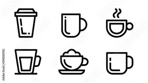 Coffee Cup Icon Set with Mug, Espresso and Cafe Drink Symbols