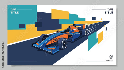 Graphic illustration of a blue and orange race car speeding down a dark blue road with colorful geometric shapes in the background on a white poster with sample text.
