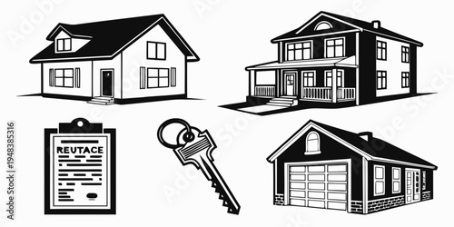 a set of house icons including a house, a key, a garage, and a clipboard Vector