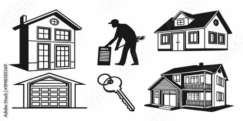 a set of house and garage icons with a man and a key Vector