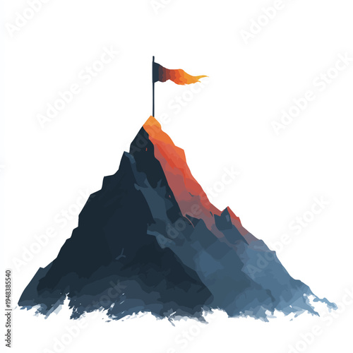 Abstract illustration of a mountain peak with a flag waving in the wind, success concept.