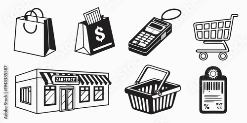 a collection of shopping icons including bags and carts Vector