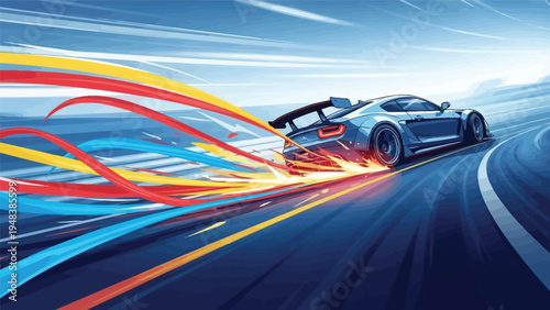 A sleek sports car speeding on a dark road with vibrant streaks of light in blue, red, orange and yellow hues against a bright blue sky.