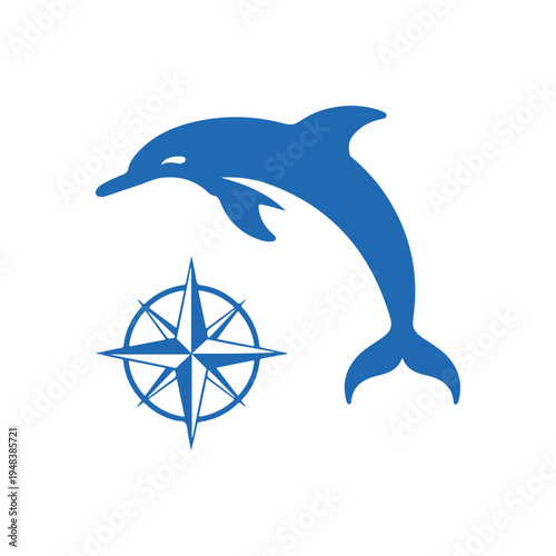 Dolphin and Compass Rose Logo, Blue Marine Mammal Silhouette with Nautical Navigation Symbol for Ocean Adventure Vector