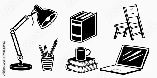 a desk with office supplies and furniture Vector