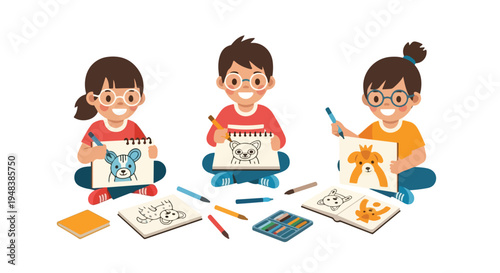 Three happy children sit on the floor, drawing and coloring various animal characters in their sketchbooks with crayons and markers.