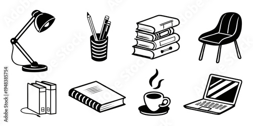 a collection of office supplies and furniture Vector