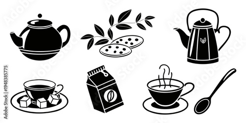 a collection of tea and coffee items Vector