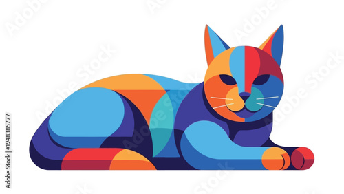 A colorful, geometric illustration of a cat lying down on a white background with a mix of blue, orange, and purple hues.