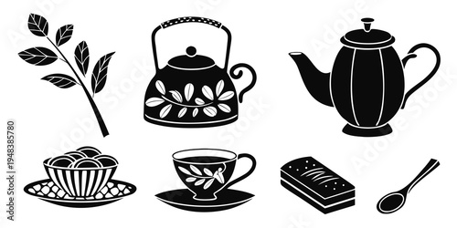 a set of tea and cup with sweet treats and a leaf Vector