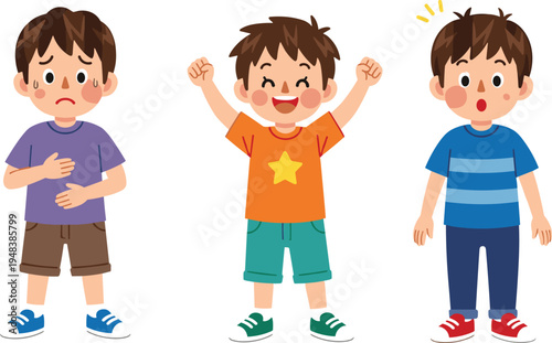 Cartoon set of little boy character expressing different feelings and physical states including stomach ache joy and surprised shock gesture