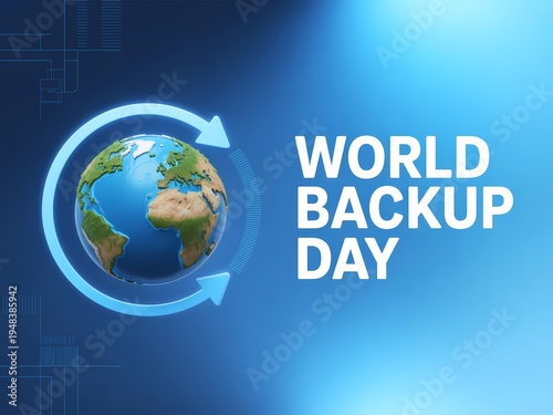 World backup day awareness campaign with a globe and arrows on blue background