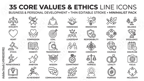 35 Core Values & Ethics Line Icons Vector Set for Business and Personal Development, Thin Editable Stroke, Minimalist Pack for Web and Print