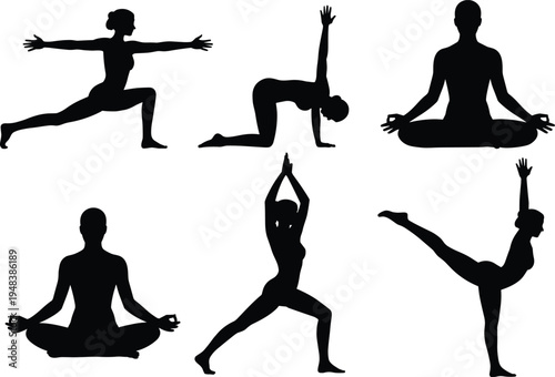 Dynamic Yoga Poses Silhouettes: Diverse Set of Meditative, Balancing, and Warrior Stretches for Health and Wellness Designs