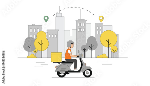Scooter delivery courier riding motorcycle in city flat vector illustration