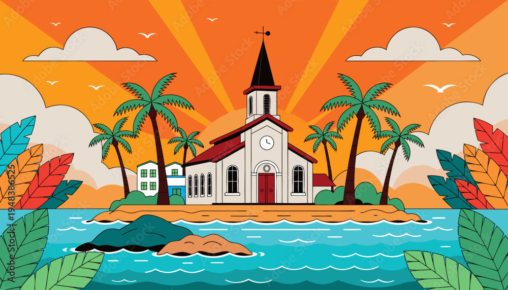 Obraz premium A church on a small island with palm trees