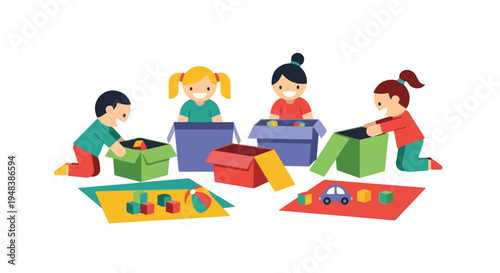 Four diverse children joyfully play with colorful building blocks, a car, and a beach ball, neatly arranged around open toy boxes.