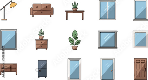 Collection of flat design icons for home interiors and furnishings
