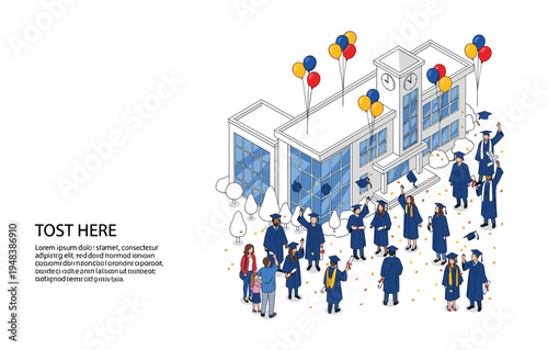 Graduate celebration at university campus with diverse students and balloons