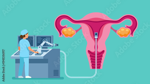 An illustrative representation of advanced gynecological technology featuring robotic assistance and a detailed anatomical view of the uterus and ovaries.