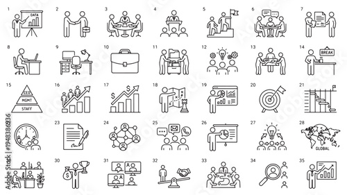 Set of 35 Business and Management Line Icons Vector Collection for Corporate Strategy, Teamwork, and Financial Growth Presentations