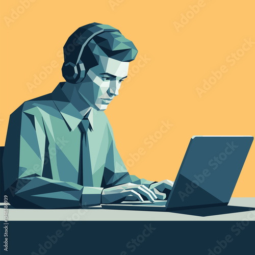Geometric style illustration of young caucasian male working on laptop with headphones