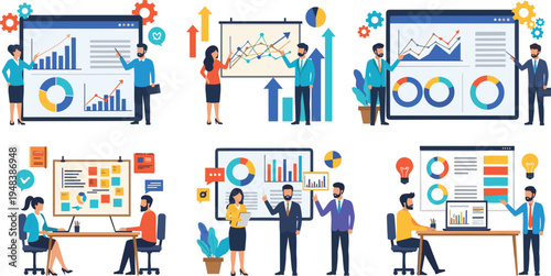Vector Illustration of Business Analysis and Data Visualization with Charts, Graphs, Reports, and Team Collaboration in Professional Meetings