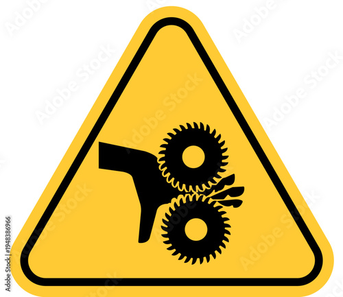 Warning sign for crushing hazard hand caught between gears industrial safety symbol for machinery danger isolated on white background