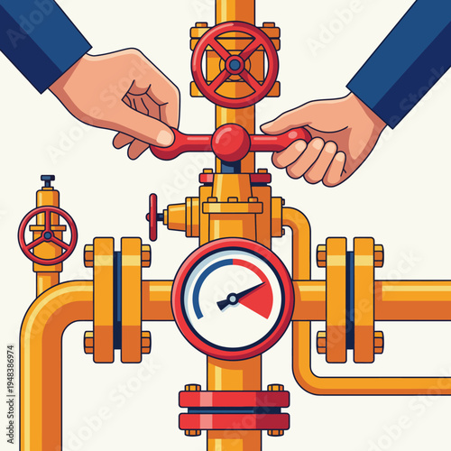 This image showcases hands adjusting an industrial valve, with colorful piping and a pressure gauge, indicating the process of controlling gas or fluid flow in a system.