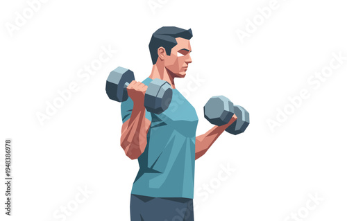 Young caucasian male lifting dumbbells in side view illustration