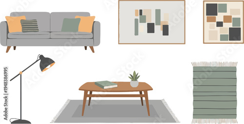 Cozy living room elements with modern art and Scandinavian-inspired furniture