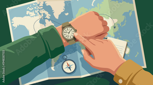 This artistic image captures the essence of exploration with hands checking a watch while mapping a route, symbolizing adventure and the passage of time.