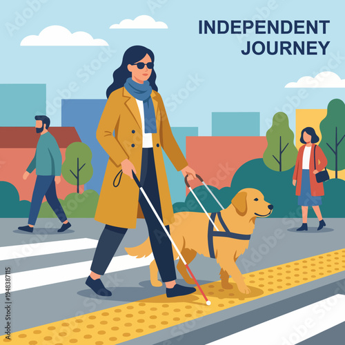 An inspiring illustration of a visually impaired woman navigating the city with her guide dog, symbolizing independence and empowerment in daily life.