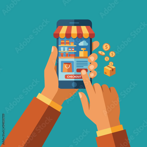An illustration showcasing a person using a mobile phone to checkout, highlighting the convenience of online shopping with colorful products and a seamless payment process.