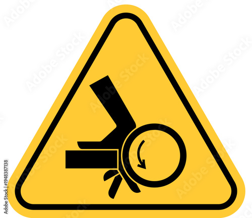 Crushing hazard warning sign pictogram of hand caught in rotating roller industrial safety symbol for machinery danger isolated on white background