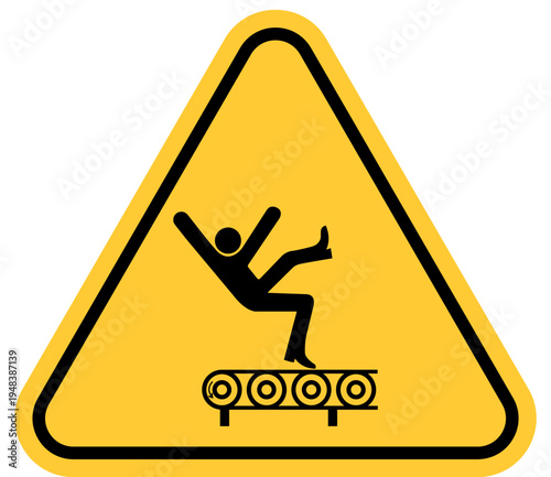 Warning sign for slippery surface and falling hazard pictogram of a person slipping on a conveyor belt safety symbol for industrial environments