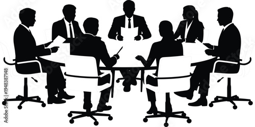 Business professional group meeting silhouette vector illustration featuring team collaboration around a conference table for corporate boardroom, 