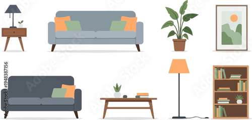 Cozy living room furniture and decor elements arranged neatly