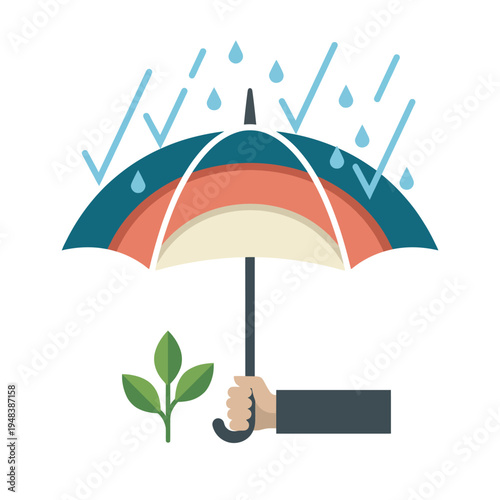 The image depicts a hand holding a colorful umbrella against rain, shielding a young green plant, symbolizing care, protection, and the importance of nurturing growth in challenging times.