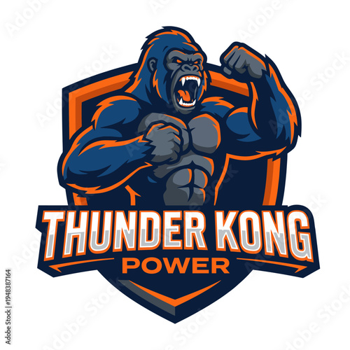 A dynamic logo featuring a fierce gorilla representing Thunder Kong Power, showcasing strength and energy, perfect for fitness brands or energy companies emphasizing power.