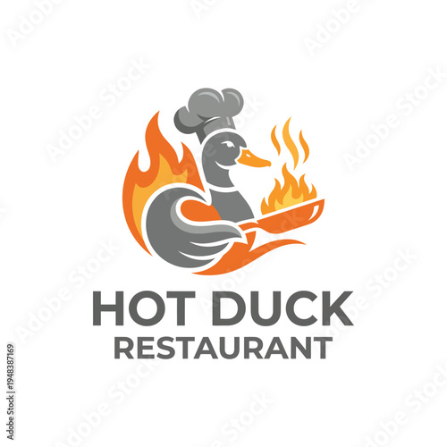 This image features a dynamic logo for Hot Duck Restaurant, showcasing a duck chef surrounded by flames and a frying pan, representing culinary art, excitement, and delicious food offerings.