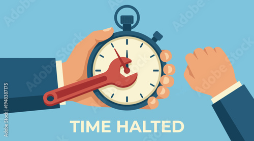 A creative representation of 'Time Halted' featuring a stopwatch and tools, symbolizing the concept of pausing and reflecting, ideal for discussions on productivity and time management.