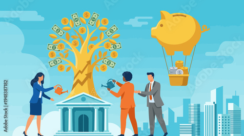 The image illustrates three professionals watering a money tree with dollar bills growing on its branches, symbolizing investment, teamwork, and the flourishing of financial success with nurturing ef