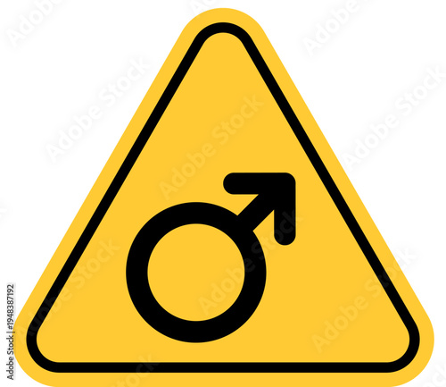 Male symbol warning sign yellow triangle caution graphic for gender awareness and safety isolated on white background