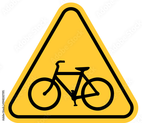 Yellow triangular warning sign with a black bicycle silhouette representing a bike crossing or cycling route isolated on white background