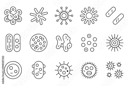 Microorganism and bacteria line icons set, medical microbiology symbols, virus and pathogen vector illustrations