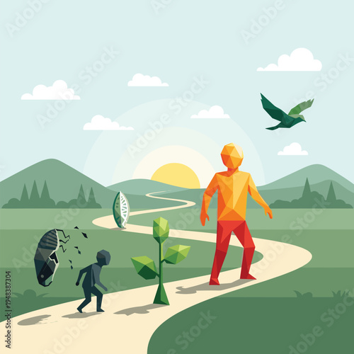 Evolution journey: from caterpillar to human in nature with sunrise