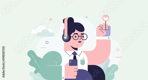 Cheerful person in headphones with phone, surrounded by abstract shapes and greenery