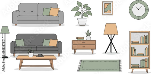 Cozy living room elements with sofas, tables, plants, and decor
